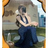ADVBRIDGE  -  French Style Lace Halter V-neck Floral Dresses for Women Summer Blue Print Sweet Retro Long Dress Lady Casual Vacation Vestidos