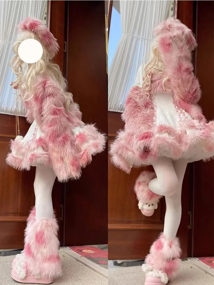 Advbridge Sweet Girl Cute Pink Lolita Cosplay Costume Versatile Coat Plush Faux Fur JSK Lolita Set Winter Cute Cake Dress