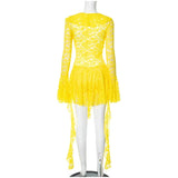 ADVBRIDGE  -  Women's Sexy Yellow Lace Mini Vestidos Chic See Through V Neck Flare Sleeve Tassel Dress 2025 Party Club Wear Slim Fit Dresses