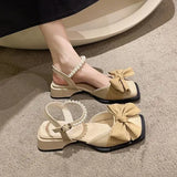 Advbridge Closed Toe Sandals Female Shoe All-Match 2024 Women's Med Clear Heels Girls Bow New Medium Comfort Beige Block Square Summer Ret