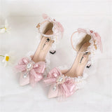 Advbridge Victoria Vintage Girl Shoes Elegant Gentle Solid Pointed Sandals Lace Ruffle Cameo Ribbon Bowknot Prom 5-8cm High Heel Shoes