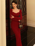 Advbridge Elegant Red Bodycon Midi Dresses for Women Chain Square Collar Long Sleeves Slim Autumn New Fashion Slit Party Dress Prom Robe