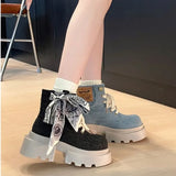 Advbridge Booties Cowboy Platform Chunky Cowgirl Woman Short Shoes Denim with Laces Lace-up Round Toe Ankle Boots for Women High Quality