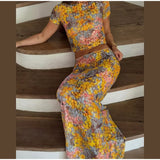 ADVBRIDGE  -  Women Printed Maxi Dresses Sets Elegant Summer Short Sleeves Tie-dye Females Long Robes Suits 2025 New Ladies Out Vocation Wear