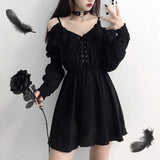 Advbridge Large Size Gothic Women Black Mini Dress Sexy Off Shoulder High Waist Tunic Ladies Party Dress Long Sleeve V Neck Vestidos