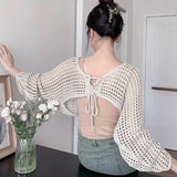 Advbridge 1Pcs Summer Fashion Lace-up V-neck Long Sleeve Hollow Knitted Cardigan Women's Crop Top