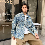 Advbridge Check Mosaic Pattern Men Denim Jacket Loose Plaid Jacquard Weave Cotton Coat Long Sleeve loose Turn Down Collar Outerwear
