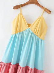 Advbridge Multicolor Patchwork V Neck Sundress Smocked Strap Sleeveless A-line Female Midi Casual Summer Women Vestidos 2024
