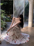 Advbridge -  Korean Sweet Hot Girl Butterfly Print Dress Women's Spring/Summer Lace-up Slim A-line Strap Long Dress Fashion Female Clothes