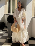 ADVBRIDGE  -  Tassel Fringes Lace Up Women's Long Dresses Elegant V-neck Puff Sleeve Cascading Ruffle Female Robes Female 2025 Beach Vestidos