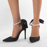 ADVBRIDGE  -  11cm Stiletto Heel White Wedding Shoes Women High Heels Sexy Pointed Toe Ankle Pearl Chain Party Shoes Bow Spring Pumps