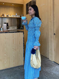 ADVBRIDGE  -  Fashion Blue Striped Pleated Long Dress Chic Flare Sleeve Round Neck Gown New Women's Summer High Street Vacation Vestidos