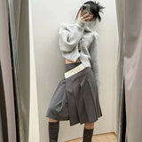 Advbridge Y2K Gray Striped Women Sweater Vintage Turtleneck Korean Fashion Knit Cardigan Harajuku Button Autumn Loose Old Money