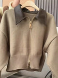 Advbridge Vintage Brown Y2K Hooded Sweaters Women 2024 Autumn Winter Lantern Sleeve Zip Up Jacket Knitted Hoodies Cropped Cardigan Top