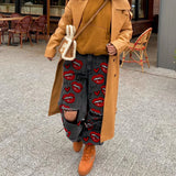 Advbridge Fashion Printed High Waist Loose Wide Legs Women's Jeans 2024 Spring and Autumn New Street Style Ripped Mop Jeans Female