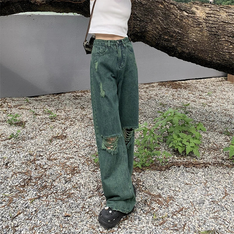 Advbridge  -  Women's Green Perforated Design Straight Wide Legs Vintage Jeans Cool Girl High Waisted Pants Female Retro Denim Trousers