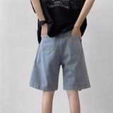 Advbridge  -  Women's Hollowed Out Hole Design Wide Leg Retro Denim Shorts Unisex Style Capris Summer Female High Waist Loose Short Jeans