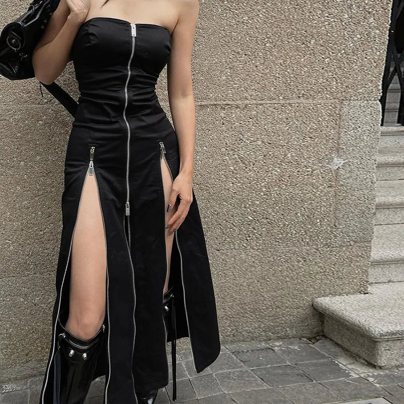 Advbridge Goth Dark Techwear Fashion Zip Up Midi Dresses Cyber Y2k Mall Gothic Split Women Tube Dress Partywear Punk Off Shoulder Outfits