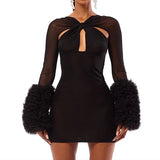 ADVBRIDGE  -  Women's Mesh Cross Hollow Long Sleeved Plush Cuffs Tight Sexy See-through Wrapped Hip Short Dresses Party Nightclub Outfit