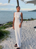 Advbridge Knitted Beach Long Dress Women Summer Sleeveless O-neck Bow Slim Bodycon Maxi Dresses Hip Package Solid High Waist Robe