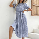 Advbridge New Women's Short-sleeved Polka-dot Pleated Dress Round Neck Tie-up Elegant Dresses for Women Flare Sleeve Summer Dress