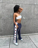 Advbridge Y2K American Leisure Water-washed Sweatpants for Men and Women Loose Wide-leg Pants with Striped Side Underwear Straight Pants