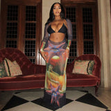 Advbridge Sexy Mesh See Through Maxi Dresses for Women Fashion Ocean Printed Backless Dress Long Sleeve Bodycon Party Dress 2024