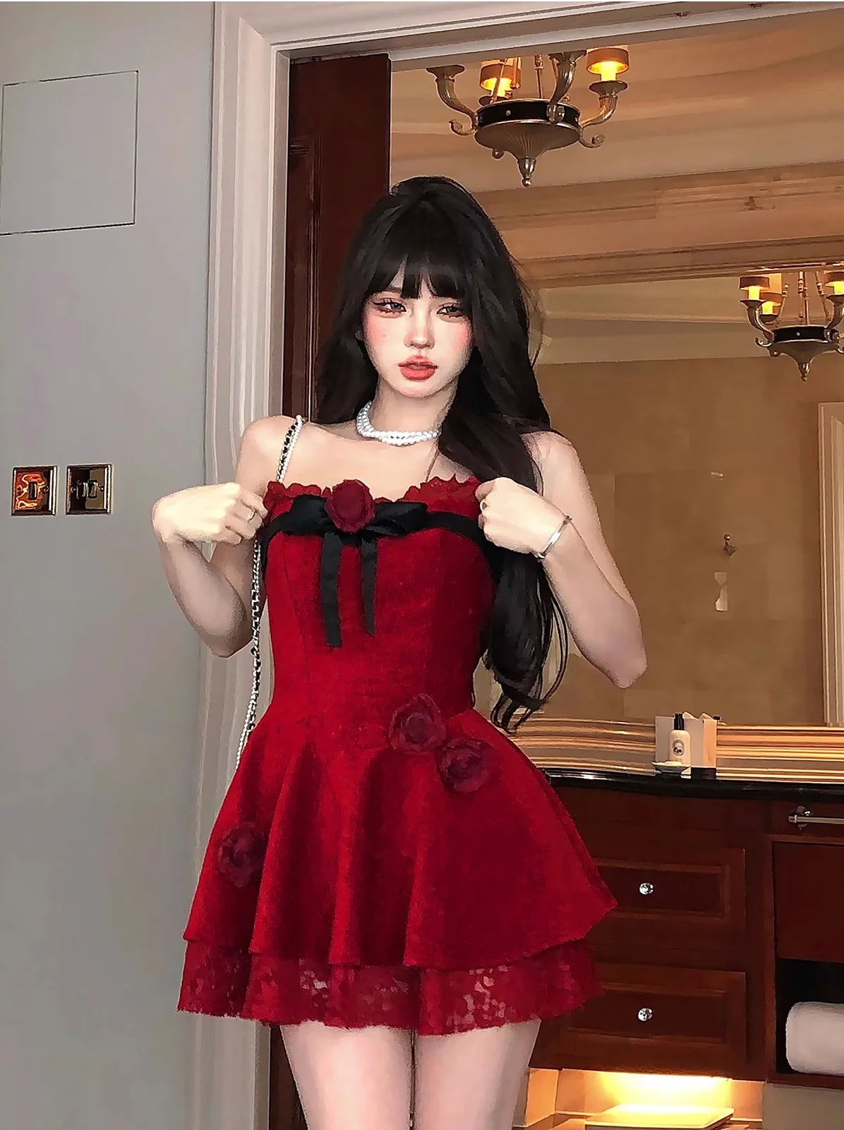ADVBRIDGE  -  Y2K Sweet Floral Mini Dress for Women Elegant Strapless Slash Neck Lace Patchwork Princess Party Dresses French Short Vestidos