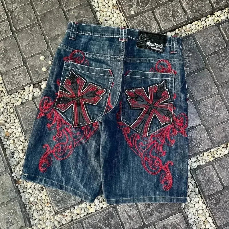 Advbridge 2024 Summer New Fashion Skull Print Loose Denim Shorts Men And Women Y2K Harajuku Vintage Casual Gothic Wide-leg Sports Pants