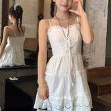 ADVBRIDGE  -  Y2K Hollow Out White Mini Dress Women Retro Kawaii Ruffles Spaghetti Strap Dress Woman Ballet Style Bowknot Sleeveless Dresses