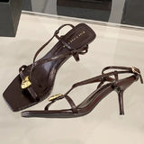ADVBRIDGE  -  Fashion Metal Heart Decoration Women Sandal Pointed Toe Open Toe Ankle Strap Roman Shoe Elegant Thin Heel Belt  Buckle High Heel