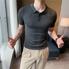 Advbridge -  Summer New Men Short Sleeve Solid Polos Knitted T-Shirt Male British Style Slim Fit Business Formal Shirts L33