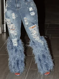 Advbridge Fashion Women's Jeans Tassel Holes Vitnage Feather High Waist Y2K Streetwear Casual Denim Pant Spring Skinny Hollow Out Trousers
