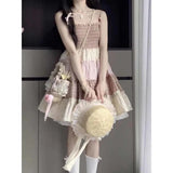 Advbridge Summer New Women's Contrast Color Slip Dress Sleeveless Pleated Patchwork Fashion Sweet Slim Plaid Printing Midi Dress