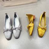 ADVBRIDGE  -  Elegant String Bead Silk Ribbon Knot Design Low Heel Mary Jane Shoes Woman French Style Yellow Square Toe Chunky Heel Loafers