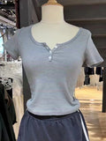 ADVBRIDGE  -  Stripes T-shirt Shorts 2 Pieces Sets Summer Short Sleeve Slim Three Buttons Crop Top Elastic Short Pant for Woman Sweet Y2k Set