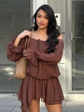 ADVBRIDGE  -  Chic Low Neck Lace Up Mini Dress Elegant Solid Flare Sleeve Pleated Off Shoulder Gown New Women Highstreet Holiday Dresses 2025