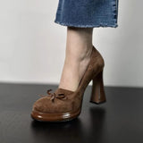 Advbridge Women Shoes 2025 Spring Retro High Heels Butterfly Knot Square Heel Faux Suede Commuting Elegant 6-8cm Pumps Tacones Para Mujer