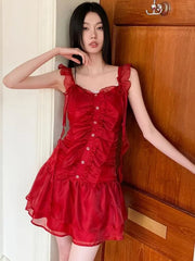 Advbridge Retro Red Camisole Dress For Women'S Summer New Small Fly Sleeve Pleated Design, Ruffle Edge Slim Fit Short Dress