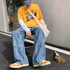 Advbridge Korean Style Patterned Striped Denim Pants New Streetwear Washed Jean Pants Men Loose Hip Hop Elastic Waist Mopping Jeans