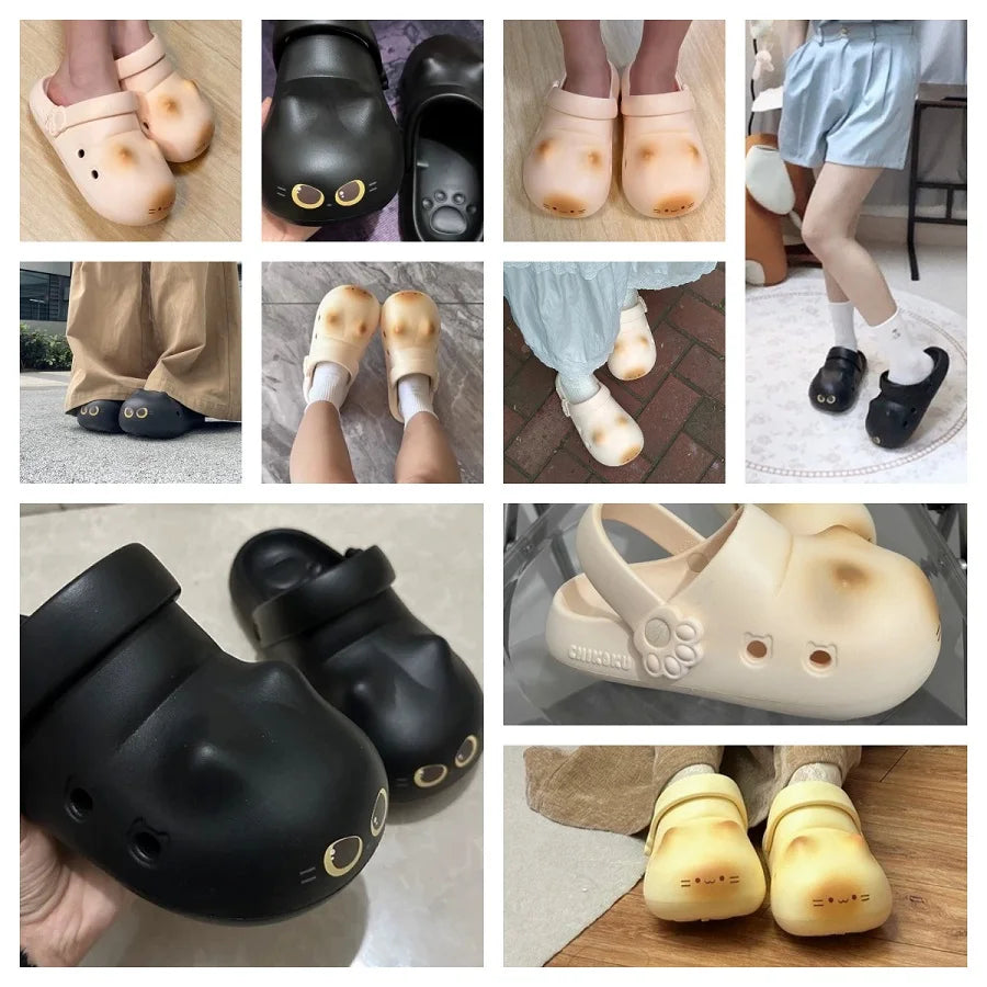 New 2 in 1 Cute Cat Clogs Woman Non Slip Breathable Closed Toe Kitty Feet Sandal Light Indoor Outdoor Cartoon Garden Shoes Women