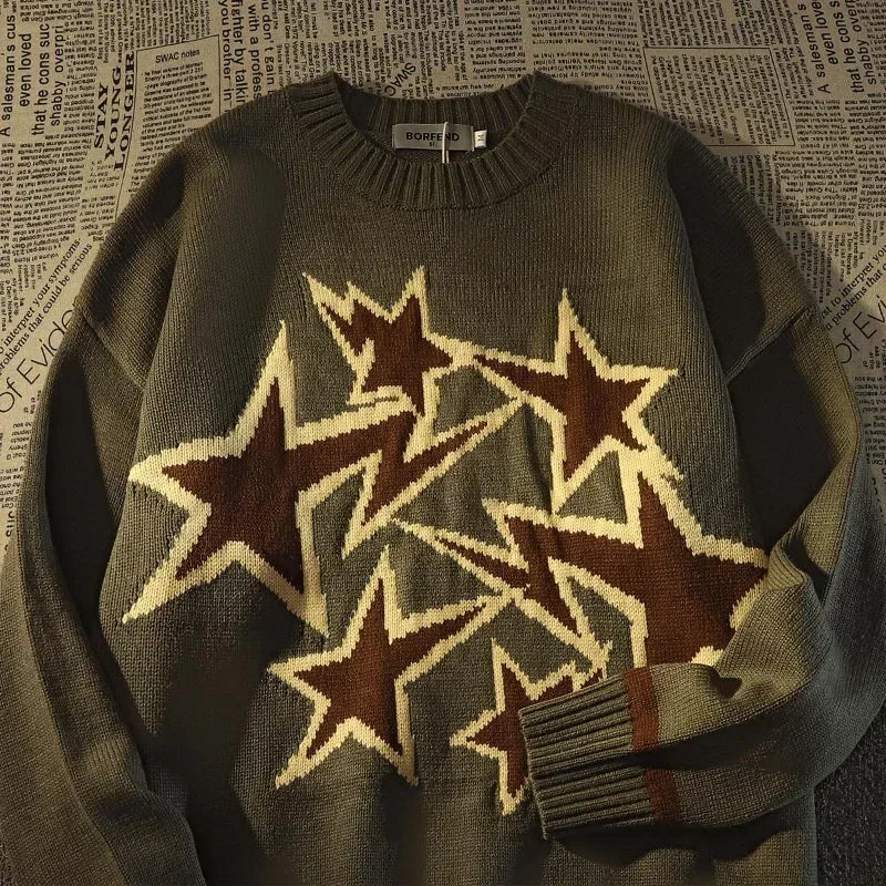 Advbridge Y2K men sweater Harajuku Style Star Print Loose Knitted Pullover streetwear Men women Gothic vintage oversized Knitted sweater