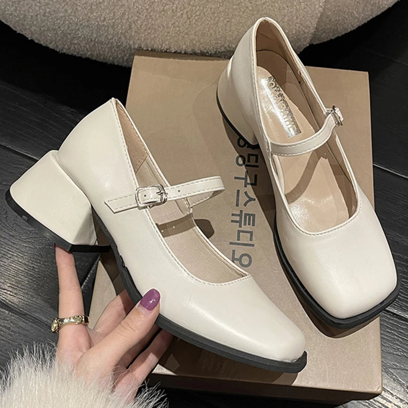 Advbridge Silver Thick Heels Mary Jane Shoes Women Buckle Strap Square Toe Pumps Woman Med Heele Patent Leather Shoes Female