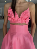 Advbridge 2025 Vacation Elegant Pink 3d Flower Backless Sling Top Suit Women Strapless Cropped Tops A-line Skirt Set Lady Beachwear Outfit
