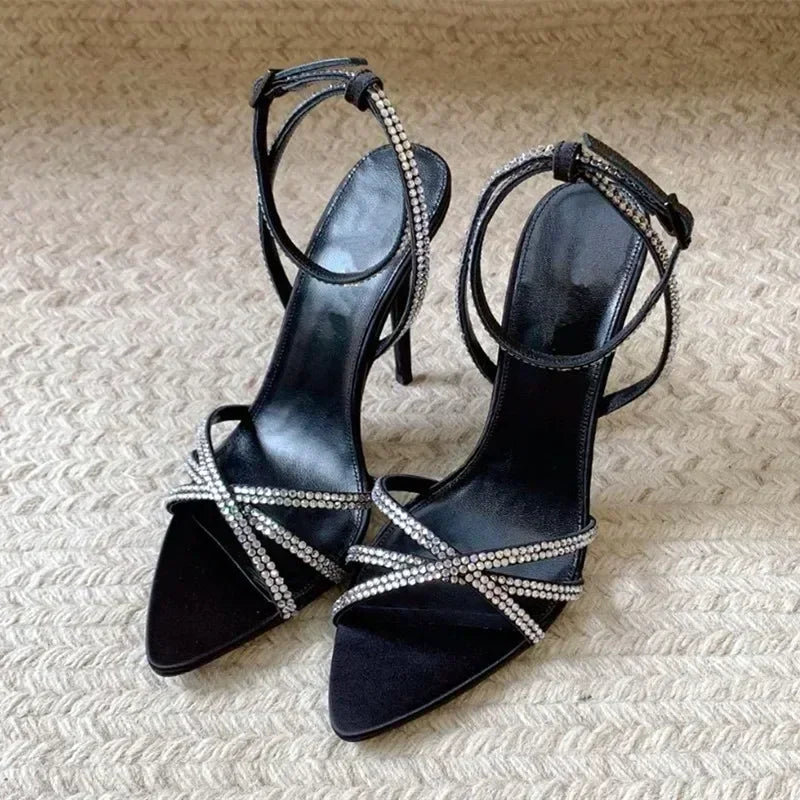 ADVBRIDGE  -  Sexy Pointed Toe High Heels Women Luxury Rhinestone Satin Design Cross-Strap Heeled Sandals Summer Elegant Banquet Dress Shoes
