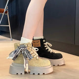 Advbridge Booties Cowboy Platform Chunky Cowgirl Woman Short Shoes Denim with Laces Lace-up Round Toe Ankle Boots for Women High Quality