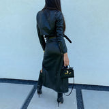 Advbridge Fashion Poeket Split PU Skirts Sexy Split Asymmetries Hip Wrap Skirts Women Elegant High Waist Solid All-match Midi Skirt