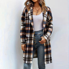 Advbridge Elegant Single-breasted High Street Coats Winter Casual Plaid Print Lapel Woolen Coat Female Long Sleeve Pockets Commute Outwear