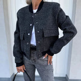 Advbridge Lady Casual Commute Long Sleeve Baseball Coat Autumn Winter O Neck Single Breasted Outwear Fashion All-match Solid Pocket Jacket