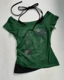 Advbridge Summer Fake Two Pieces Halter Bandage Vintage T-shirts Y2k Aesthetic Slim Crop Tops Women Grunge Print Harajuku Casual Sexy Tee